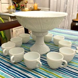 McKee Milk Glass Punch Bowl and Cups
